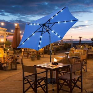 9 ft. Iron Market Solar Tilt Patio Umbrella in Blue with LED Lights