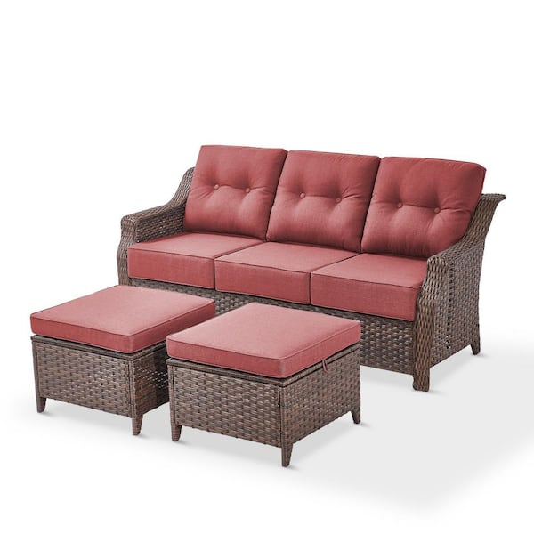 Circle 75 in. W Brown 3-Piece Wicker Outdoor Sectional Couch Patio 3-Seat Sofa w/ Multifunctional Ottomans Red Cushions