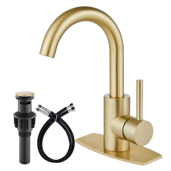 Unbranded Single Handle Single Hole Bathroom Faucet with Deckplate Included and Pop Up Drain in Brushed Gold
