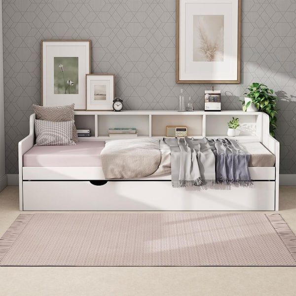White Wood Frame Twin Panel Beds with Storage and Headboard