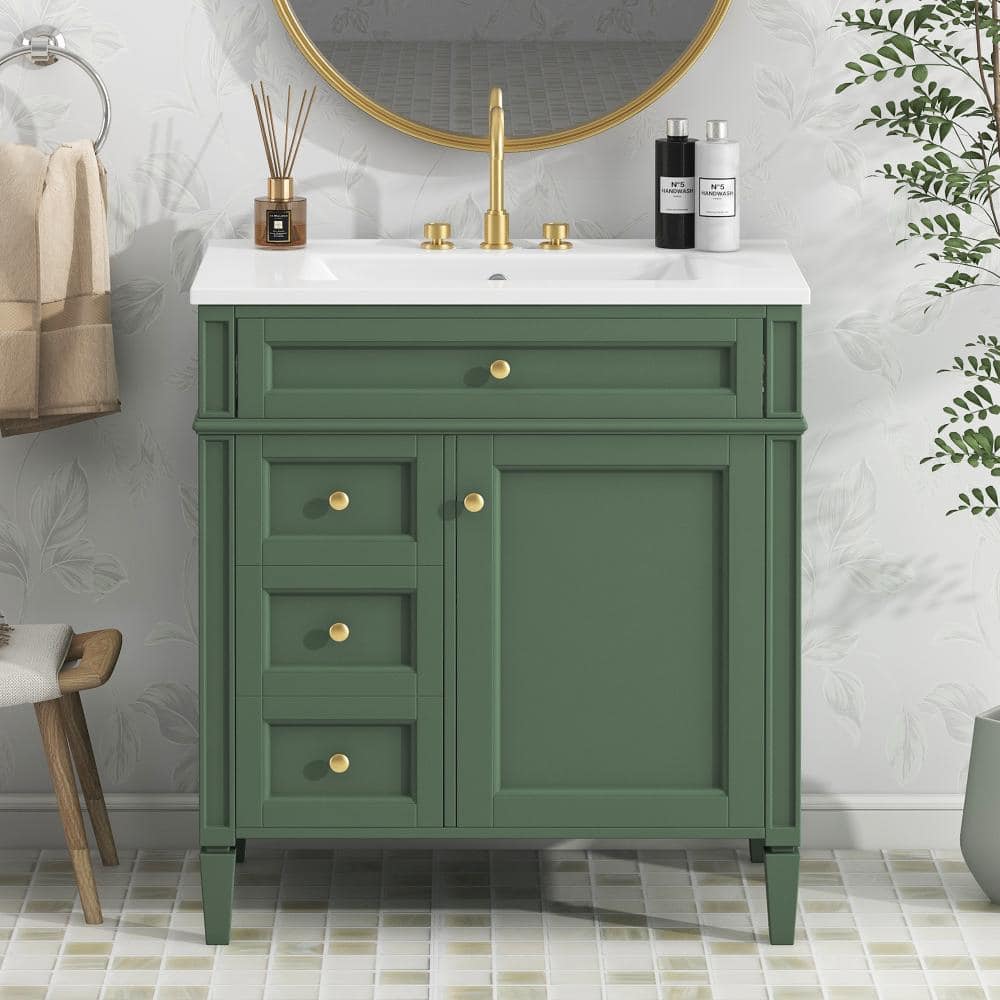 30 in. Single Sink Freestanding Solid Wood Frame Green Bath Vanity with White Ceramic Top price history on PriceWatchPro
