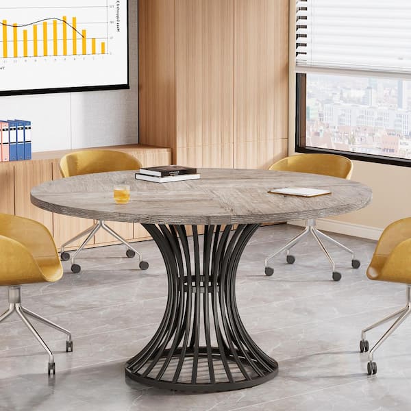 Halseey 47 in. Round Gray Wood Conference Table with Black Metal Pedestal, Meeting Table Desk Dining Table for 4