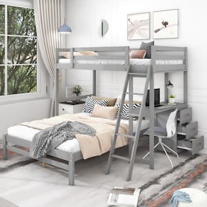 Gray Twin over Full Bunk Bed with Built-in Desk and 3-Drawers