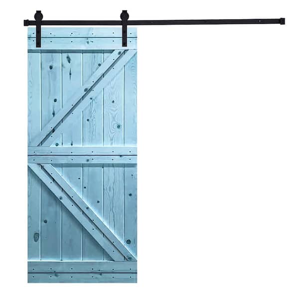AIOPOP HOME 38 in. x 84 in. Modern K-Bar Series Slick Blue Stained Knotty Pine Wood DIY Sliding Barn Door with Hardware Kit