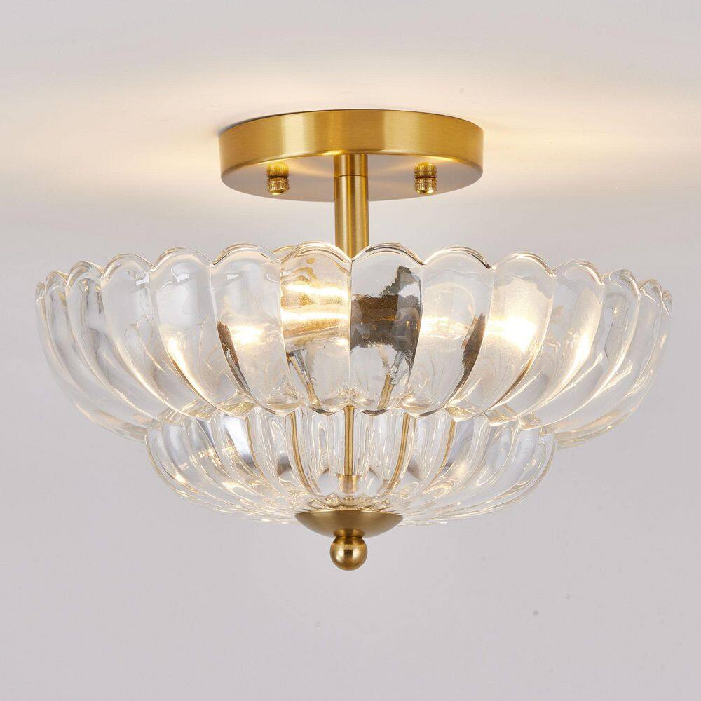 12 in. Vintage Round Brushed Brass Semi-Flush Mount Ceiling Light with Clear Ribbed Glass Shade for Kitchen price history on PriceWatchPro