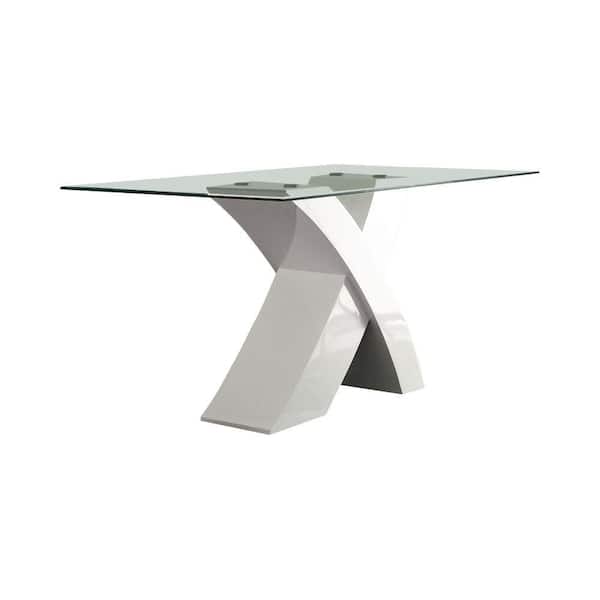 Benjara White and Clear Glass Rectangle 36 in. Cross Legs Base Dining Table Seats 4