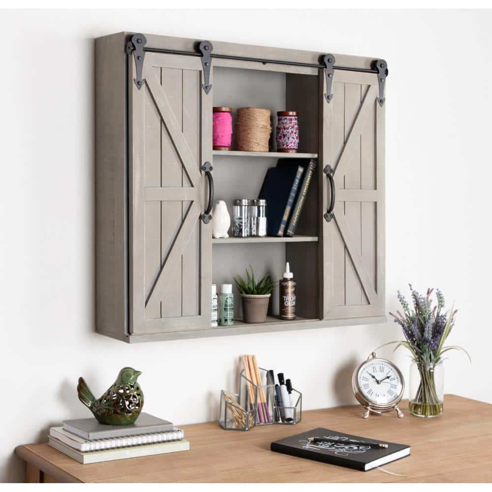 Rustic Gray Wood Wall Storage Cabinet with Sliding Barn Doors