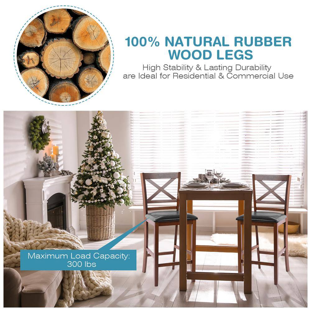 Elegant 25'' Black Leather & Glossy Walnut Wood Counter Stools, Set of 4
