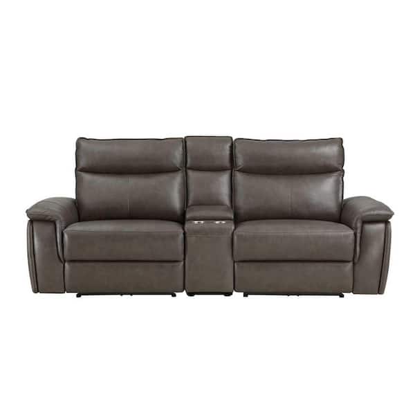 EVERGLADE HOME Verkin 93.5 in. W Pillow Top Arm Leather Straight Power Reclining Loveseat with Console and Headrests in Dark Brown