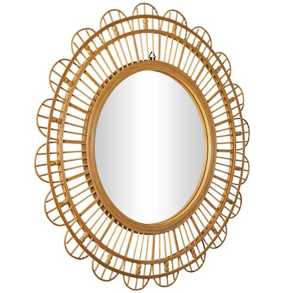 35 in. x 35 in. Handmade Woven Round Framed Brown Wall Mirror with Beaded Accents