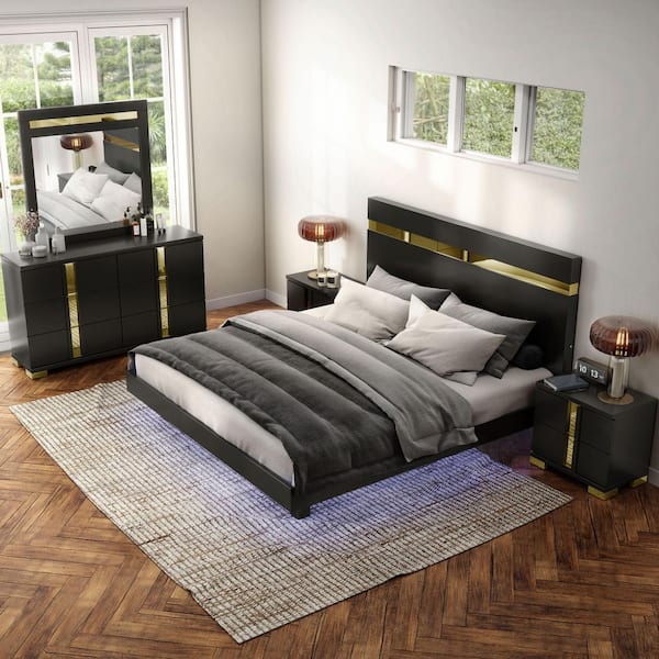 Furniture of America Nina 5-Piece Black and Gold Trim Wood Frame Queen Platform Bedroom Set with Underbed LED and Bracketed Metal Legs