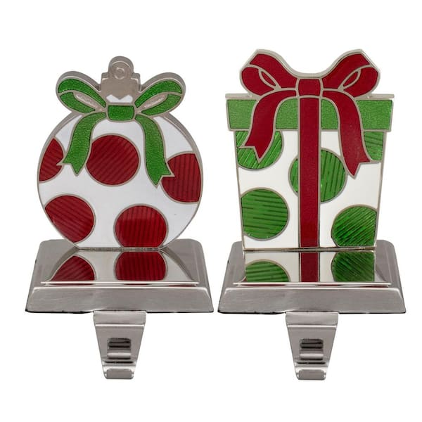 Gift Box Christmas Stocking Holders - 5.5 in. - Green Red and Silver - Set of 2