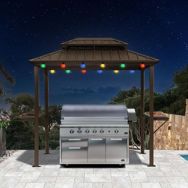 PURPLE LEAF 6 ft. x 8 ft. Hardtop Grill Gazebo for Patio Aluminum Barbecue Shelter Gazebo, Hooks, Shelves Double Tiered 12-Ligths