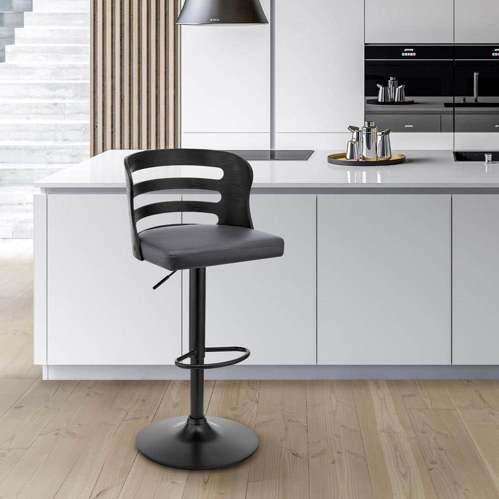 Adjustable Gray Faux Leather and Black Wood Swivel Bar Stool