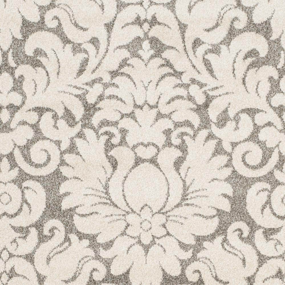 Gray and Cream Damask Square Synthetic Area Rug