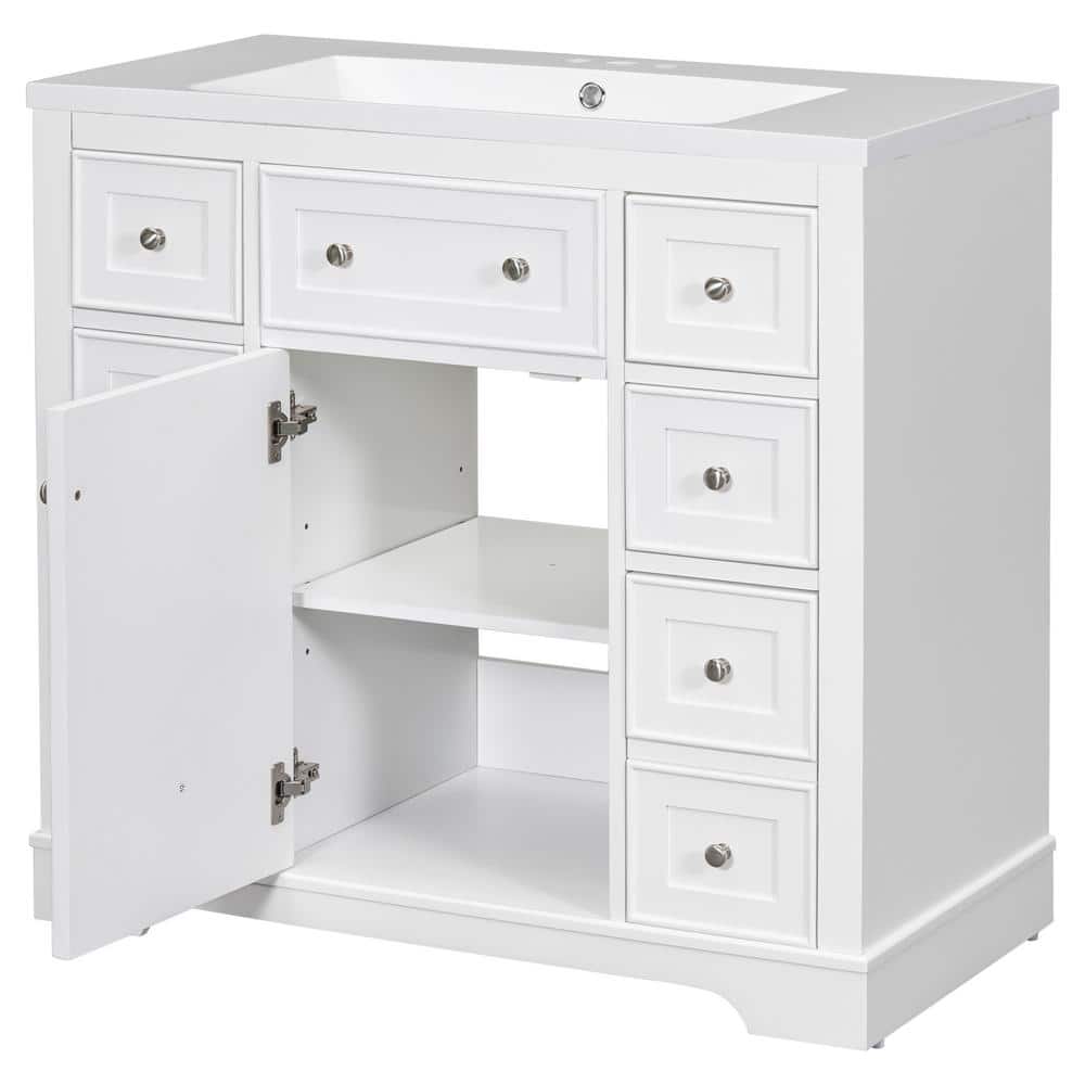 White MDF Bathroom Vanity with Ceramic Sink and Six Drawers