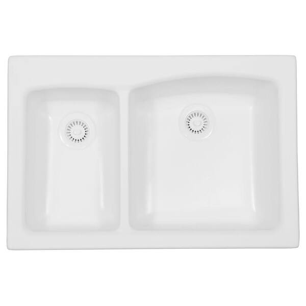 Karran Self-Rimming Acrylic 33x22x9 0-Hole 30/70 Double Basin Kitchen Sink in White/Matte Finish