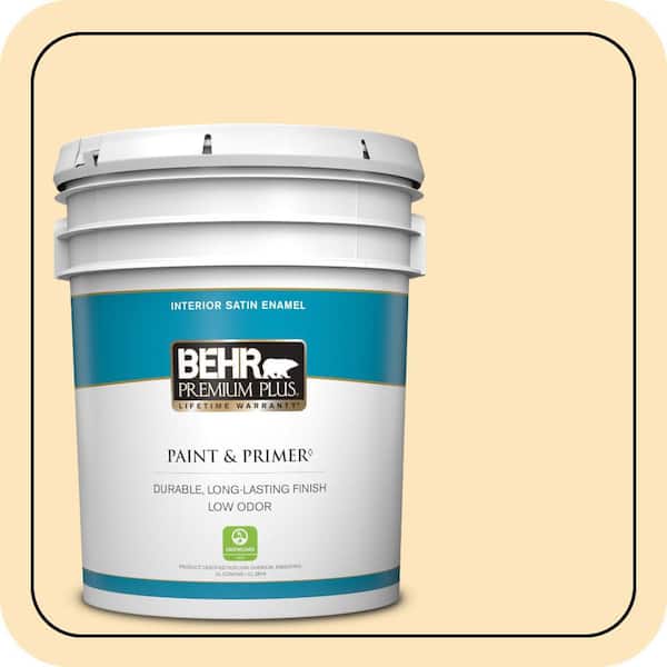 BEHR PREMIUM PLUS 5 gal. #350C-2 Banana Cream Satin Enamel Low Odor Interior Paint & Primer