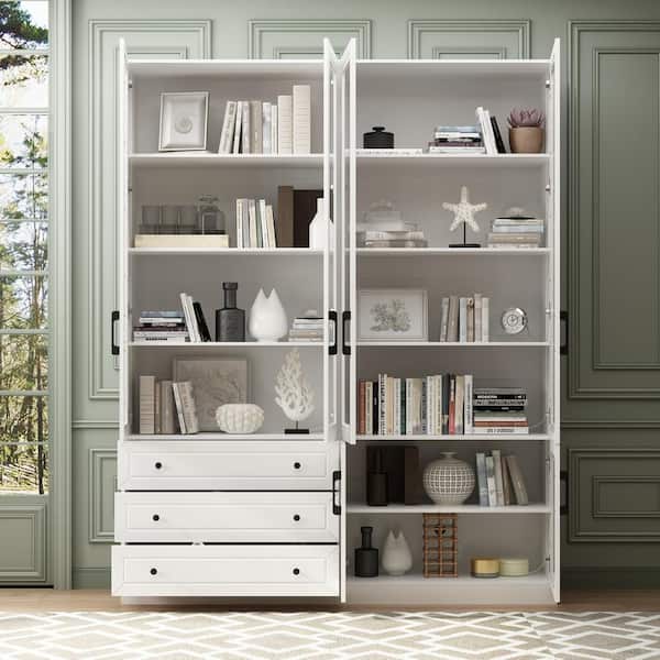 78.7 in. Tall White Paint Finish Wood 10-Shelf Accent Bookcase with Glass Doors, LED Lights, Drawers, Adjustable Shelves