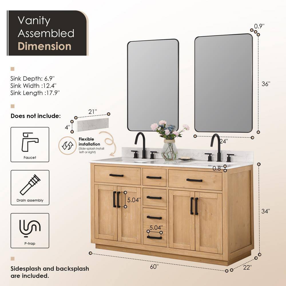 Gavino 60" Light Brown Wood Vanity with Stone Top and Mirror