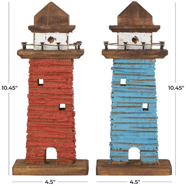 Litton Lane Red Wood Distressed Light House Sculpture with Blue and Brown Accents (Set of 2)