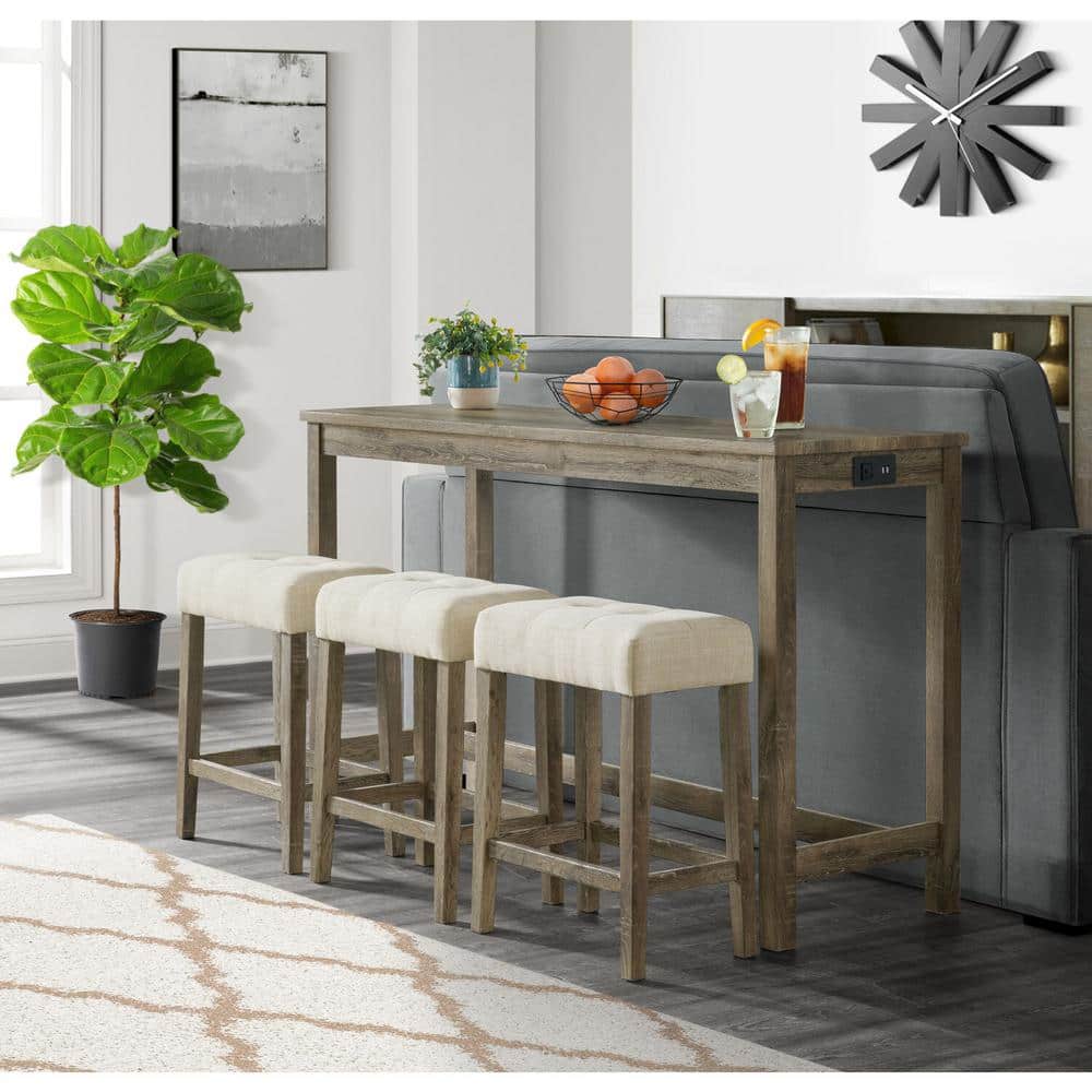 Rustic Cream 4-Piece High-Top Pub Set with Upholstered Stools
