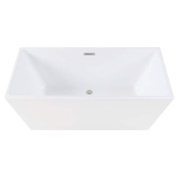 Kingston Brass Aqua Eden 59 in. x 29.5 in. Acrylic Flatbottom Soaking Freestanding Bathtub in Glossy White/Polished Nickel with Drain