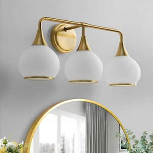 22.4 in. 3-Light Brushed Gold Bathroom Vanity Light with White Globe Glass Shades