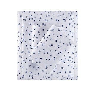 Cozy Soft 4-Piece Blue Stars Cotton Full Flannel Printed Sheet Set