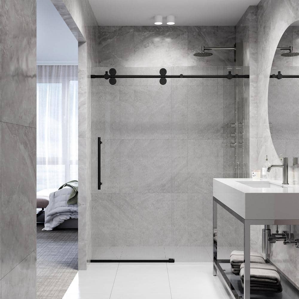 Elan Matte Black Frameless Sliding Shower Door with Fluted Glass