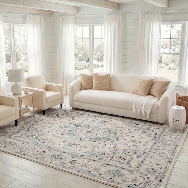 Charleston Ivory/Light Blue 8 ft. x 10 ft. Distressed Border Area Rug