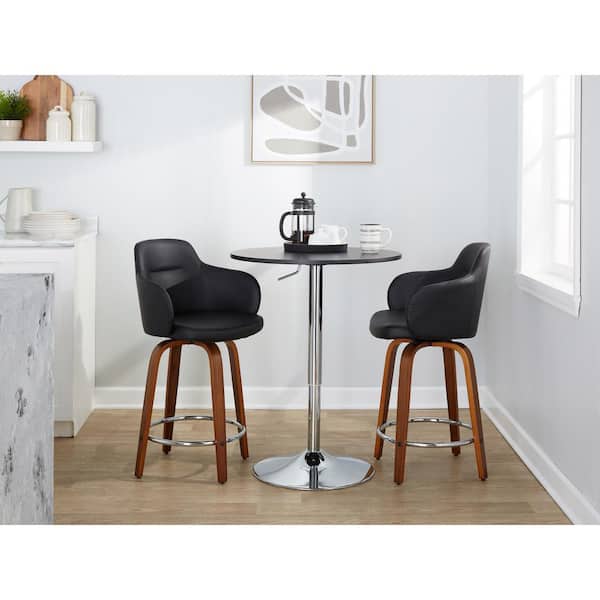LumiSource Boyne 24 in. Black Faux Leather, Walnut Wood and Chrome Metal Fixed-Height Counter Stool (Set of 2)