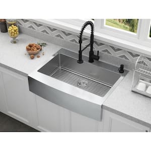 Retrofit Drop-In Stainless Steel 33 in. 2-Hole Single Bowl Curved Farmhouse Apron Front Kitchen Sink