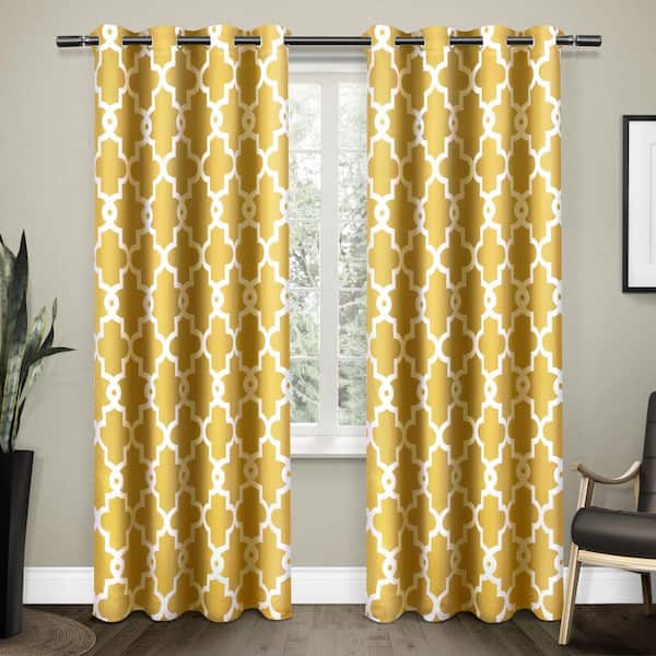 EXCLUSIVE HOME Ironwork Sundress Yellow Ogee Woven Room Darkening Grommet Top Curtain, 52 in. W x 96 in. L (Set of 2)