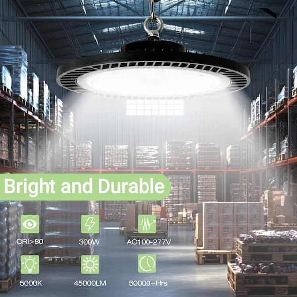 6-Pack 300W Black UFO LED High Bay Light 5000K 45000LM with Plug AC100-277V Commercial Lighting for Warehouse/Shop/Barn