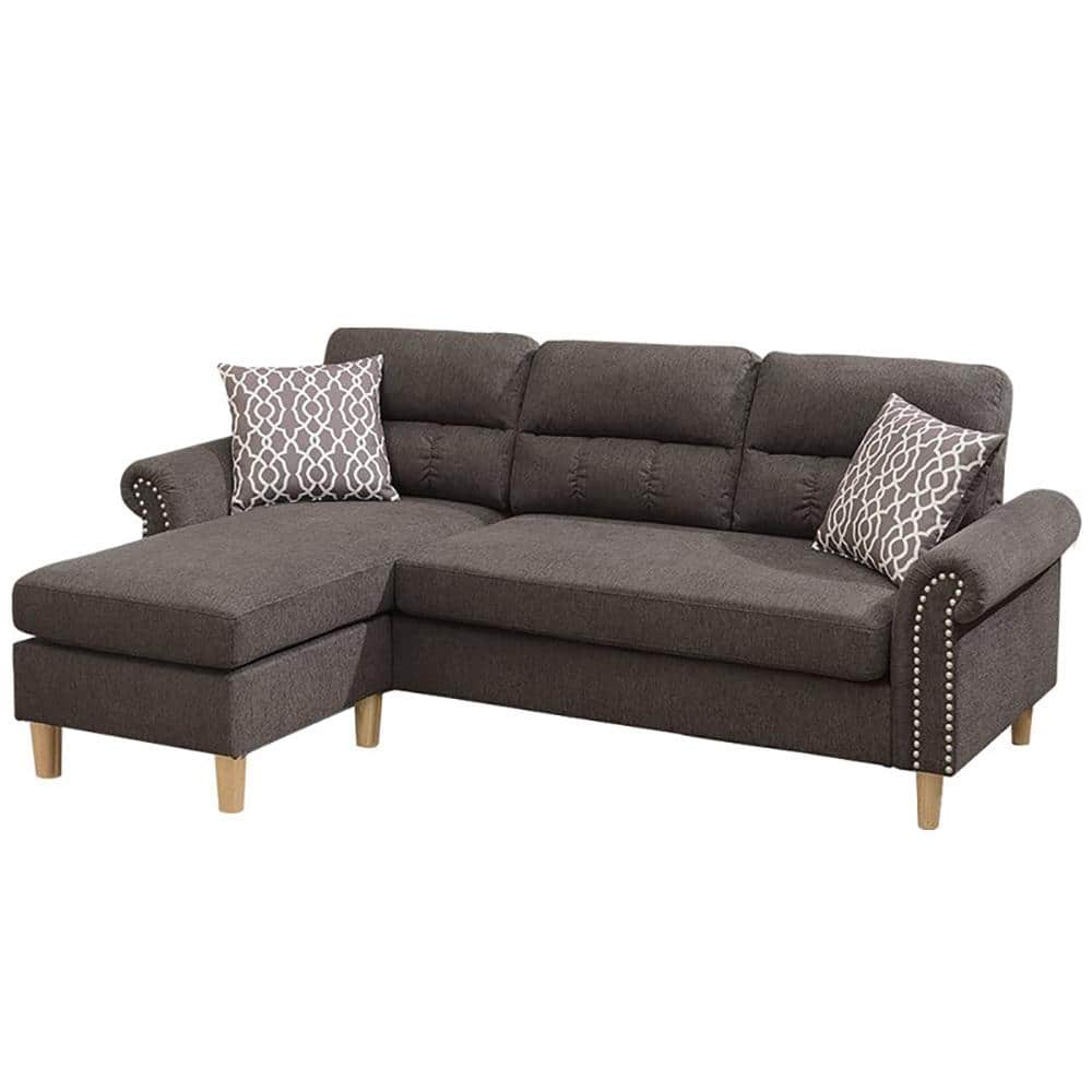 87 in. W Rolled Arm Fabric L-Shaped Sectional 2-People Sofa in Brown, Tan