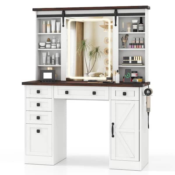 Makeup Vanity Desk w/Touch Screen Mirror Farmhouse Dressing Table w/Charging Station