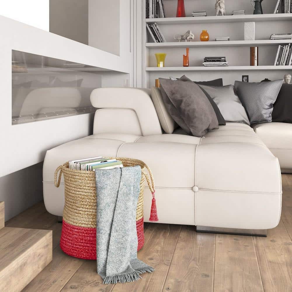 Handwoven Round Tan and Red Jute Storage Basket with Handles