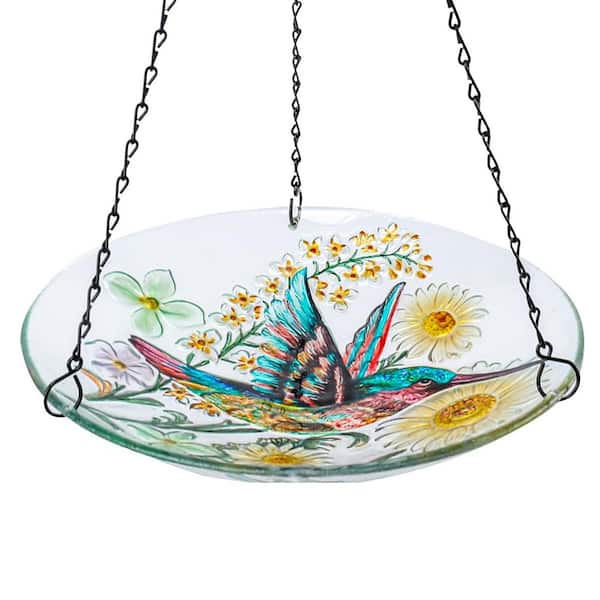 21 in. H x 11 in. Dia Hummingbird Glass Birdbath with Rust-Proof Chain