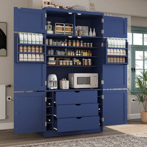 Blue 80.1 in. Tall Storage Cabinet Kitchen Pantry with 2 Power Outlets, Adjustable Shelves and Door Shelves