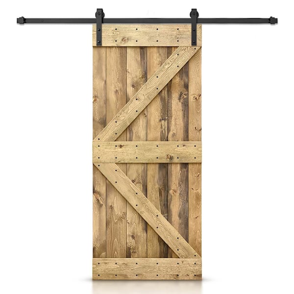 CALHOME K Series 30 in. x 84 in. Pre-Assembled Weather Oak Stained Wood Interior Sliding Barn Door with Hardware Kit