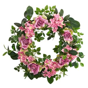22 in. Pink Hydrangea and Rose Artificial Wreath