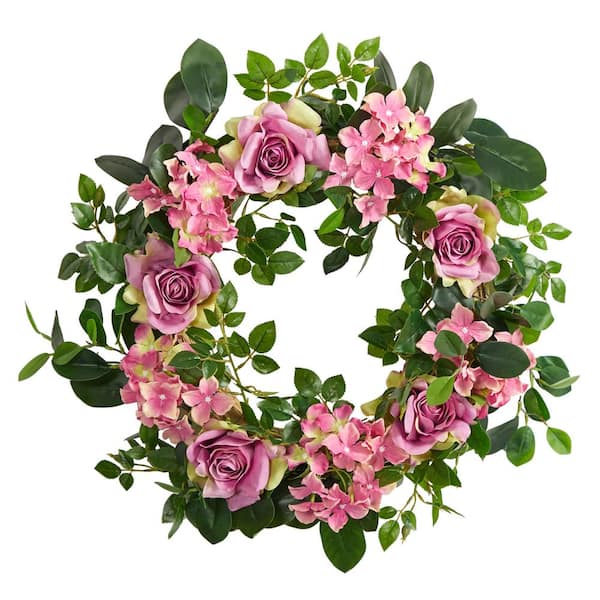 Nearly Natural 22 in. Pink Hydrangea and Rose Artificial Wreath
