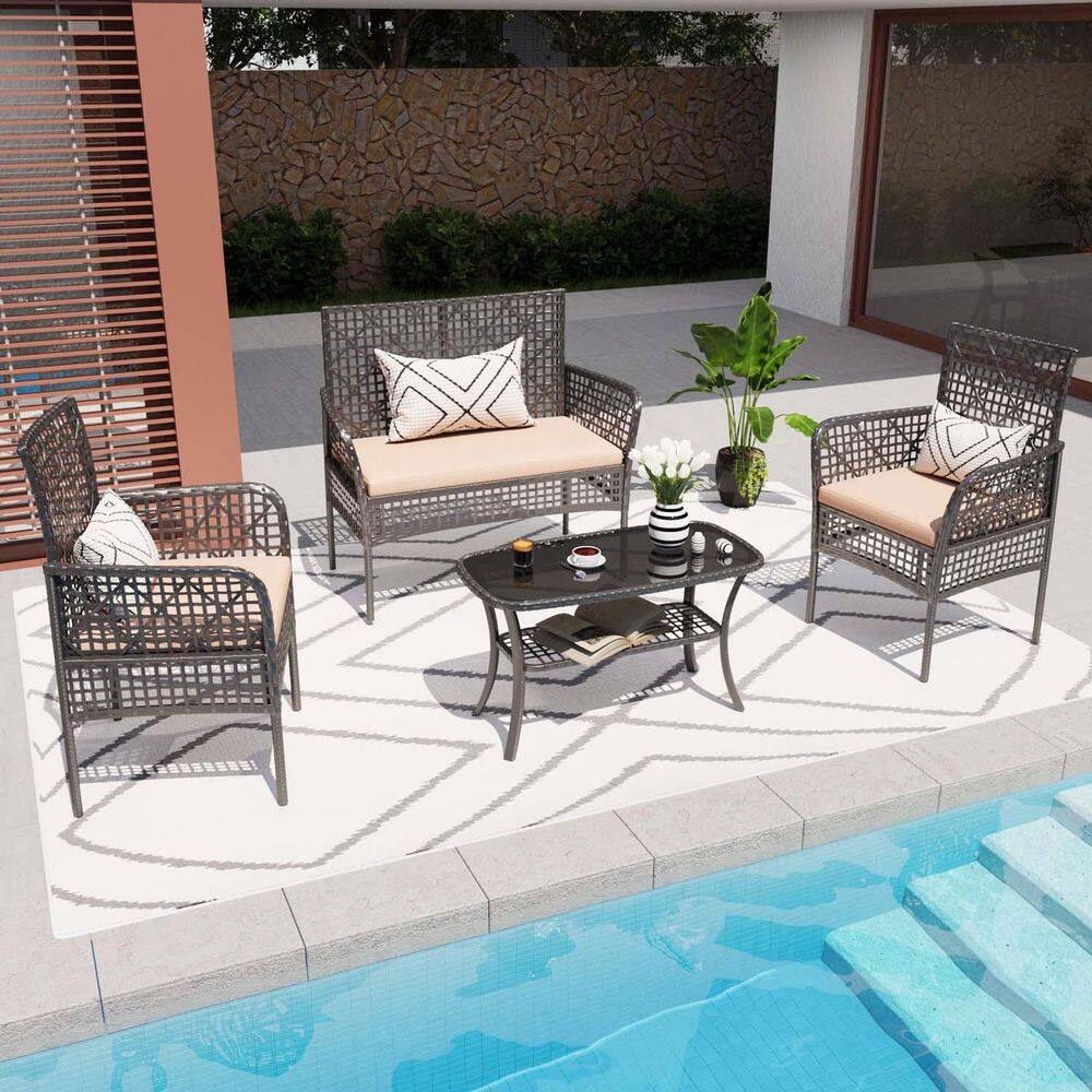 4-Piece Wicker Patio Conversation Set with Beige Brown Cushions, Outdoor Pa