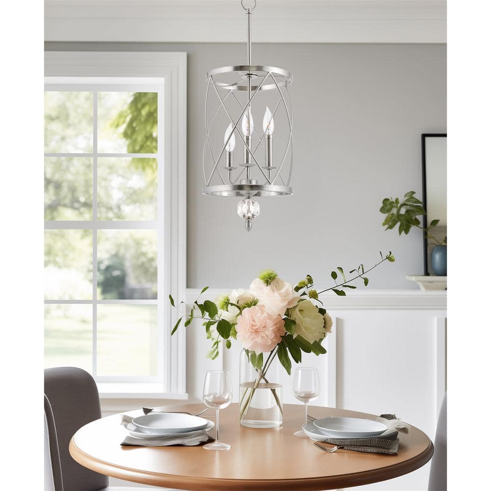 Elegant Brushed Nickel 3-Light Crystal Cage Pendant Chandelier