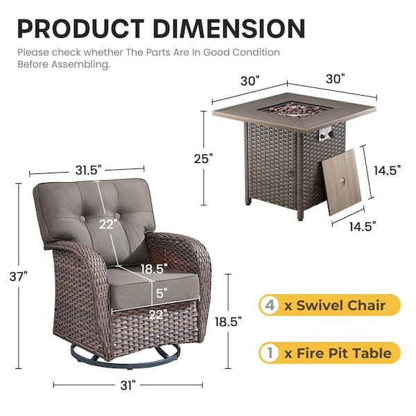 Modern Brown Rattan Wicker 4 Seat 5-Piece Outdoor Fire Pit Patio Set with Gray Cushions, Rattan Square Fire Pit Table