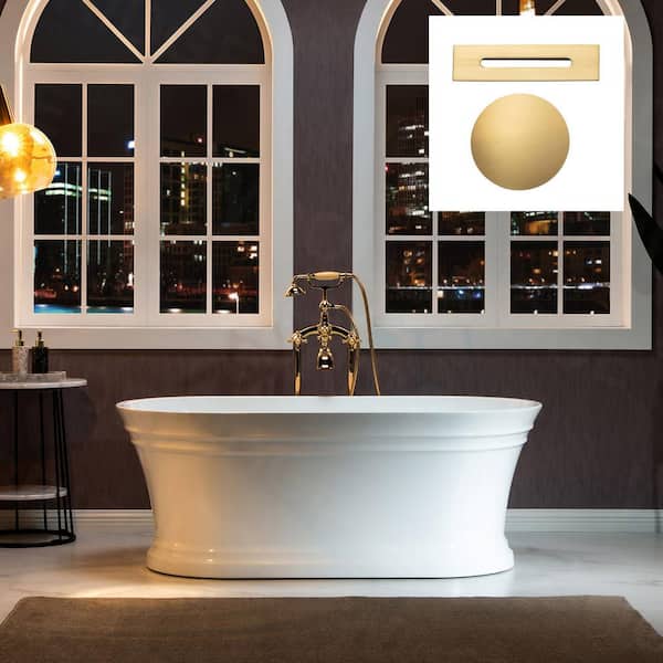 WOODBRIDGE Antony 59 in. Acrylic FlatBottom Double Ended Bathtub with Brushed Gold Overflow and Drain Included in White