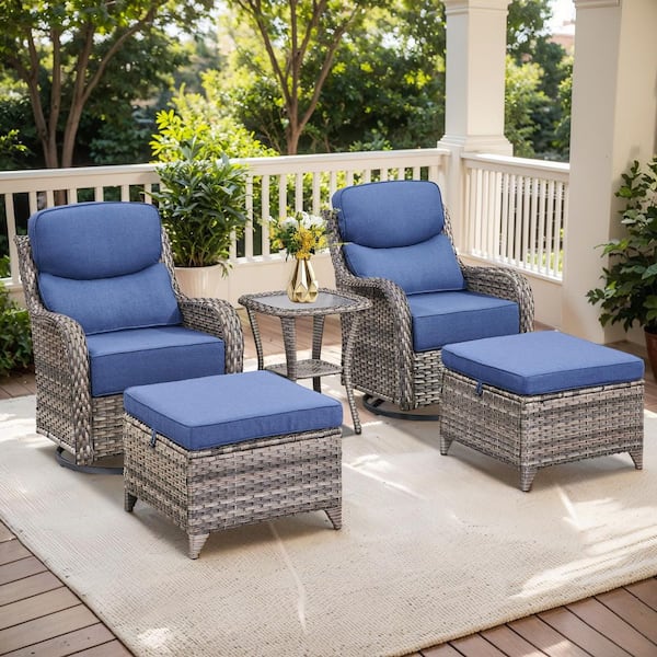 MoonLuxe Gray Swivel Glider Wicker Patio Conversation Set with Blue Olefin 6 in. Thick Cushions/Ottoman (5-Piece)