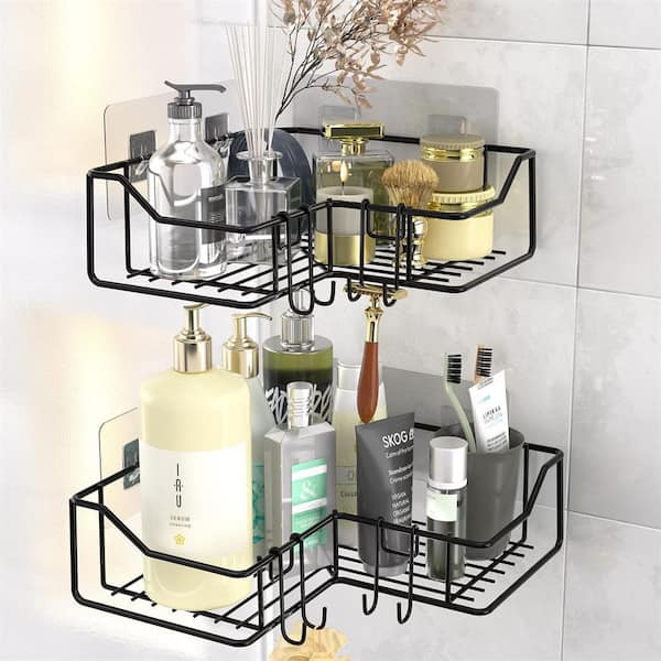 Dracelo Wall Mounted Bathroom Shower Caddies Adhesive Coner Storage Basket with Movable Hooks in Silver 2-Pack