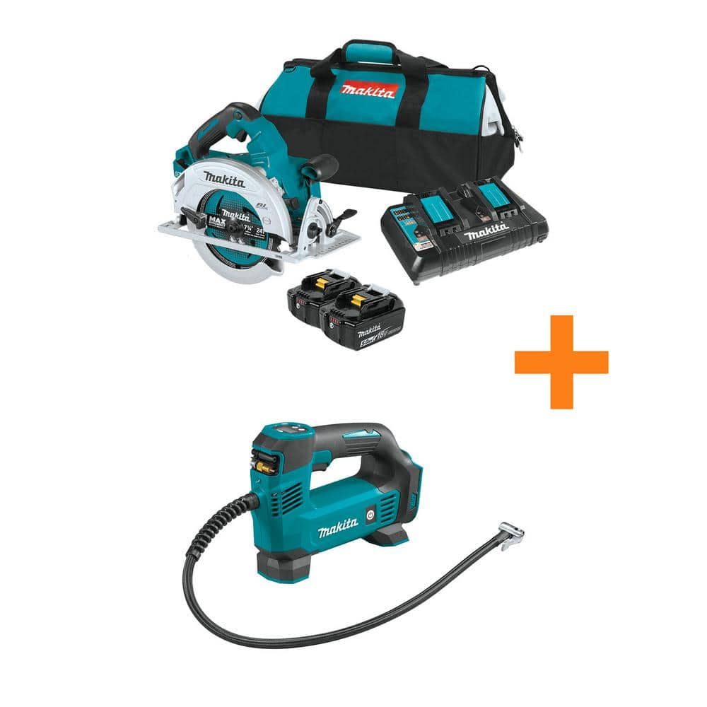 18V X2 LXT Lithium-Ion (36V) Brushless Cordless 7-1/4 in. Circular Saw Kit 5.0Ah with 18V LXT Inflator -  Makita, XSH06PTDMP180ZX